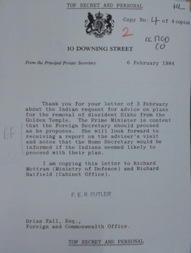 This letter dated 6th February 1984 proves Margaret Thatcher was briefed on the advise given to Indian officials. Credit: Phil Miller