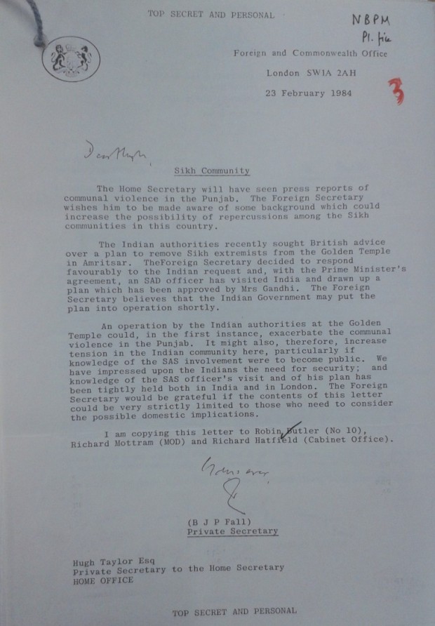 Letter on Sikh Community dated 23 February 1984. Credit: Phil Miller